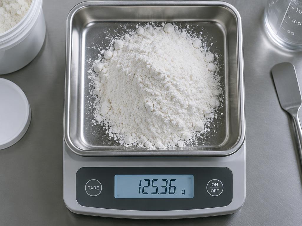 Dry powdered ingredient weighed in a stainless steel tray on a laboratory scale